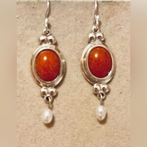 Coleman & Co Sterling Silver Coral & Pearl  Dangle Earrings 1.5"